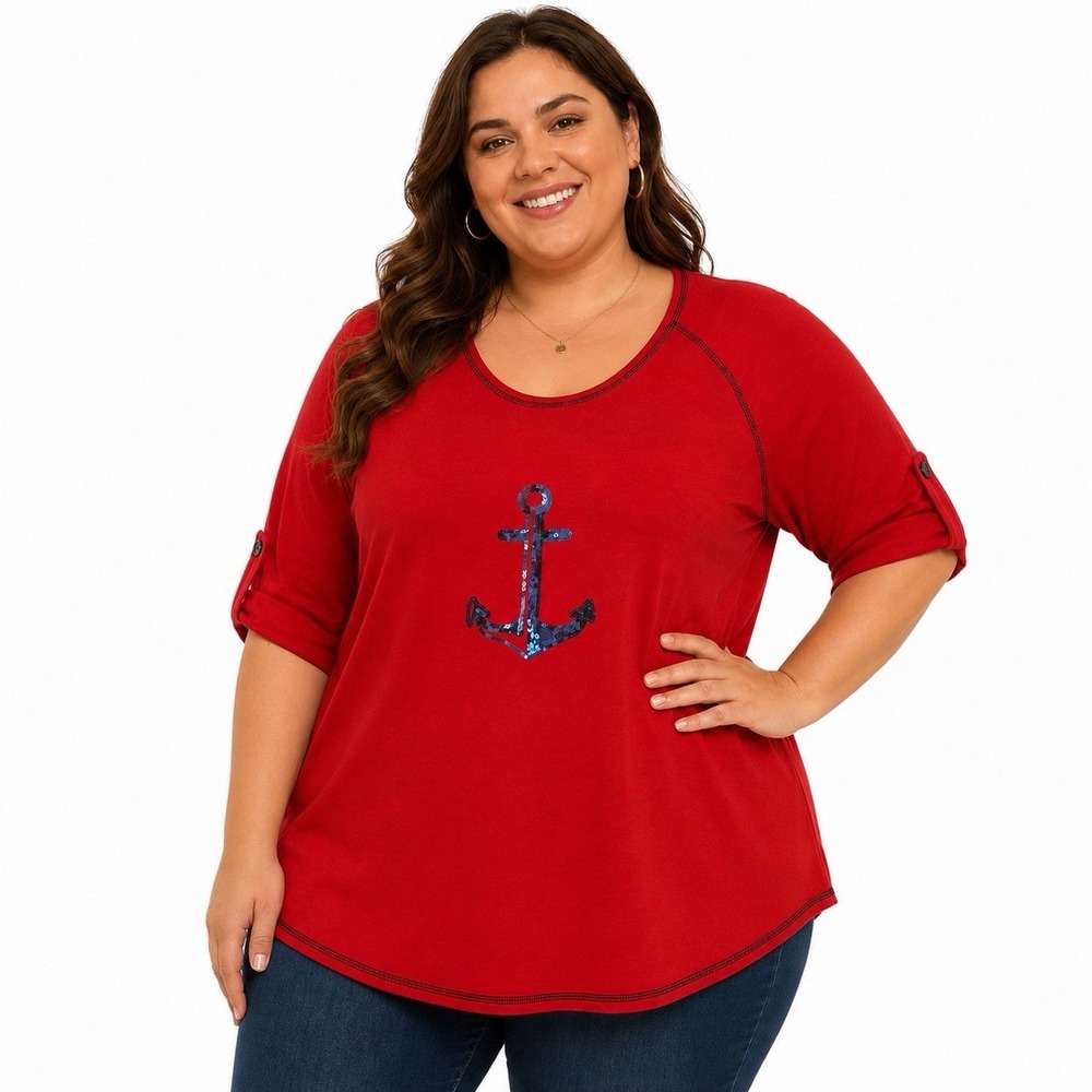 Casey Key Womens Plus Size 2X Red Sequin Anchor Top 3 4 Sleeve Nautical Shirt
